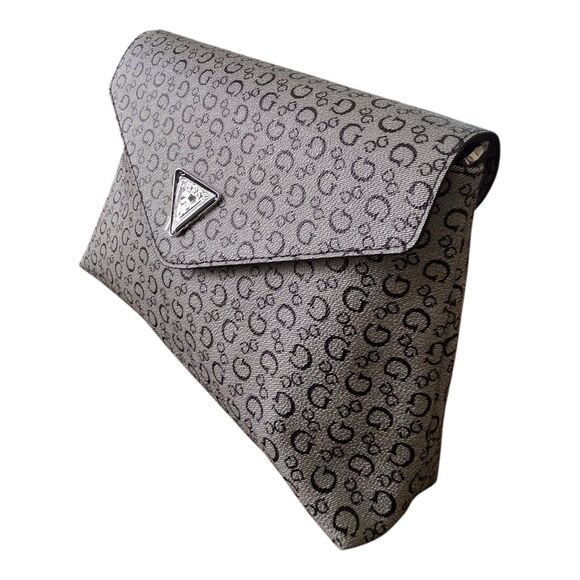 GUESS Clutch Bag Gray Black Logo Print Envelope Purse Women’s Handbag - Picture 12 of 14